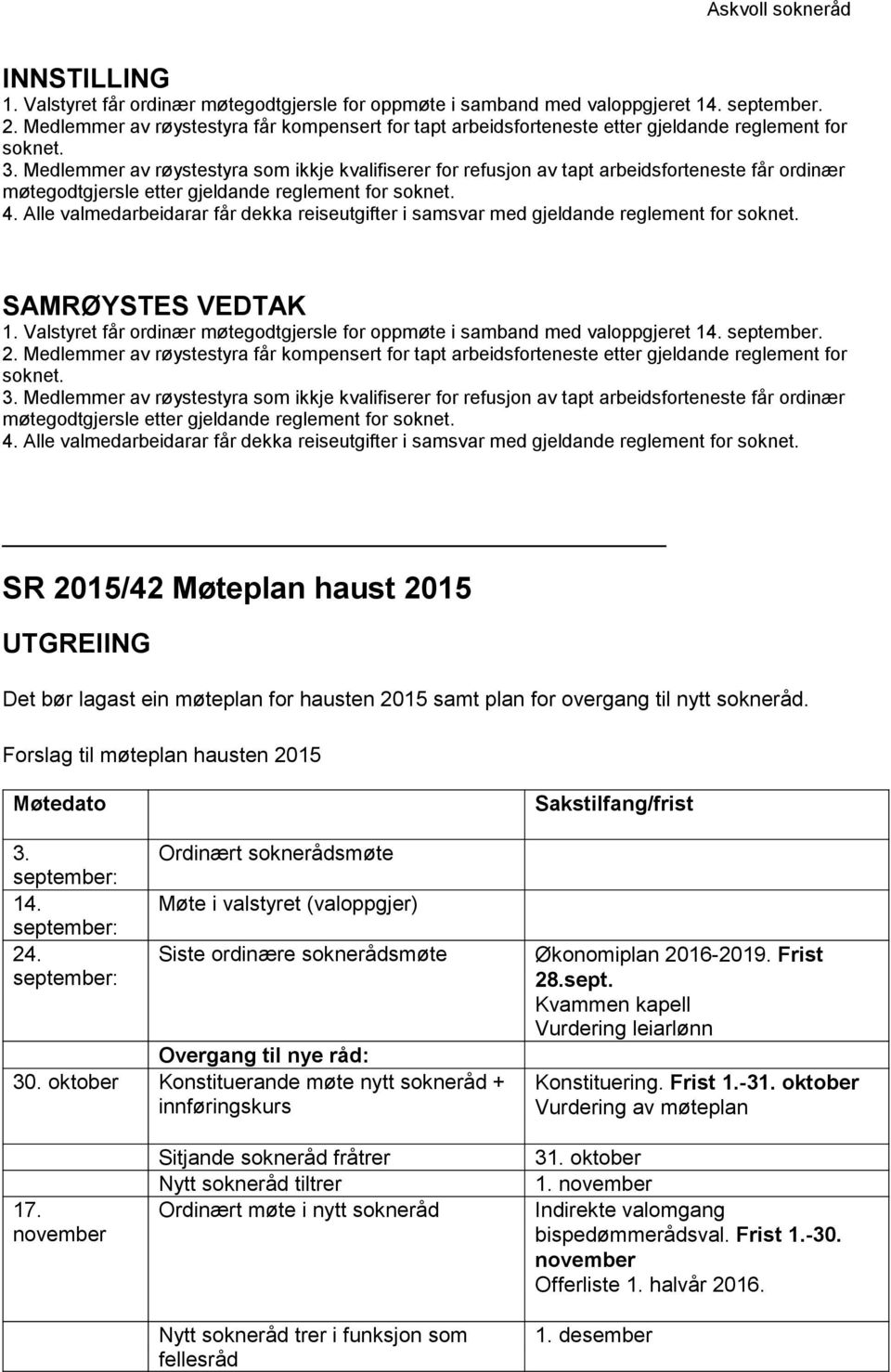 Alle valmedarbeidarar får dekka reiseutgifter i samsvar med gjeldande reglement for soknet.   Alle valmedarbeidarar får dekka reiseutgifter i samsvar med gjeldande reglement for soknet.