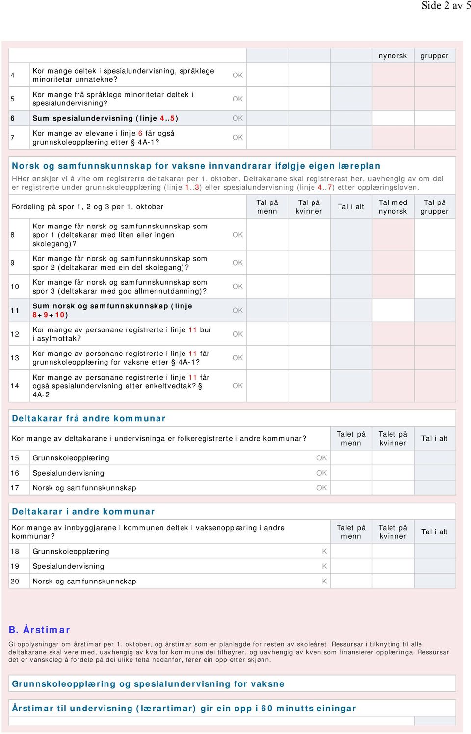 Norsk og samfunnskunnskap for vaksne innvandrarar ifølgje eigen læreplan HHer ønskjer vi å vite om registrerte deltakarar per 1. oktober.