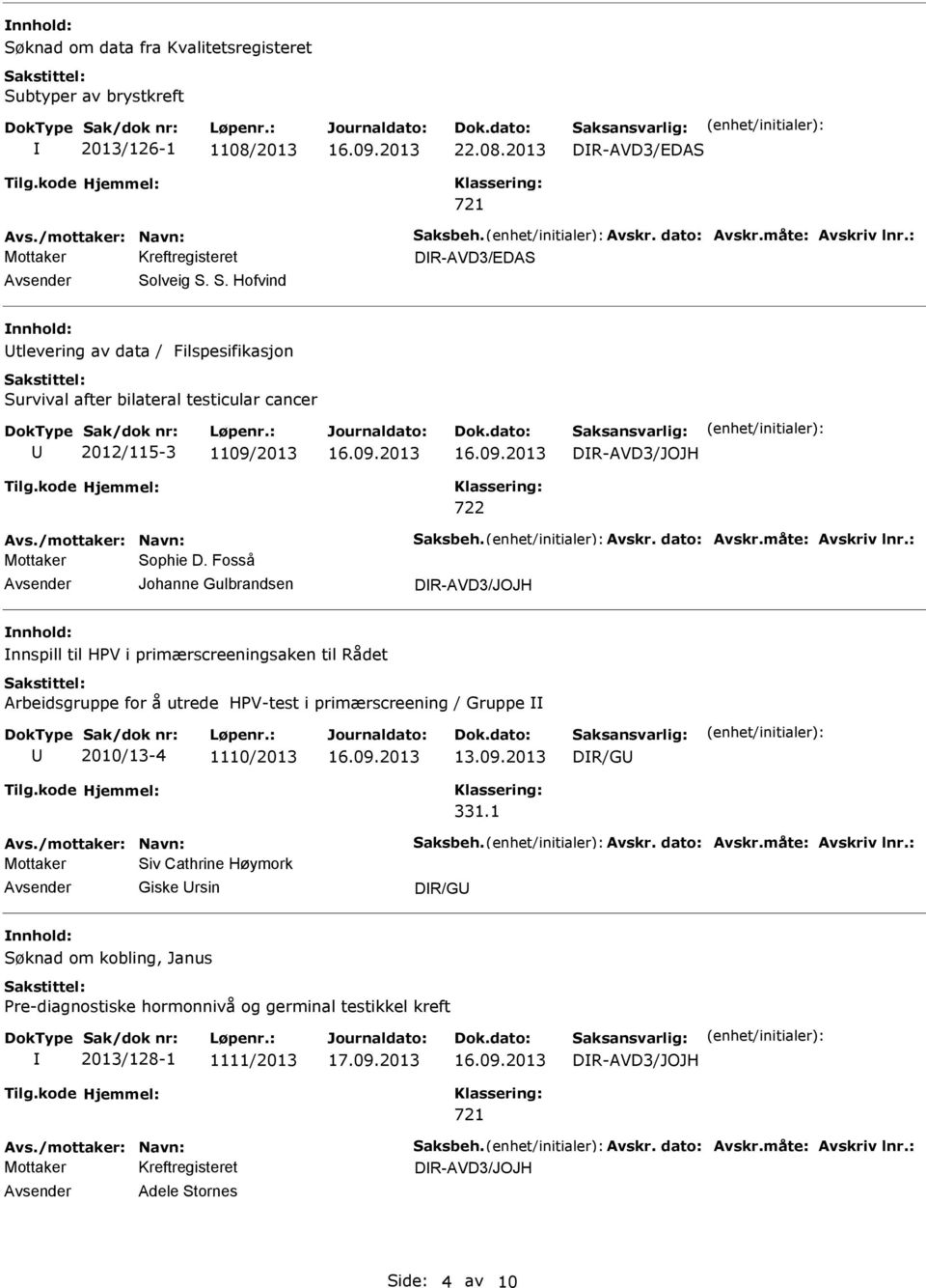 : Mottaker Sophie D. Fosså DR-AVD3/JOJH nnspill til HPV i primærscreeningsaken til Rådet Arbeidsgruppe for å utrede HPV-test i primærscreening / Gruppe 2010/13-4 1110/2013 13.09.2013 331.1 Avs.