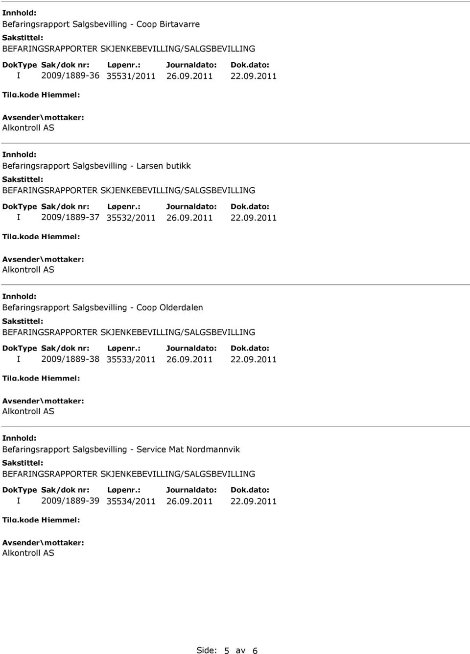 nnhold: Befaringsrapport Salgsbevilling - Coop Olderdalen BEFARNGSRAPPORTER SKJENKEBEVLLNG/SALGSBEVLLNG 2009/1889-38 35533/2011