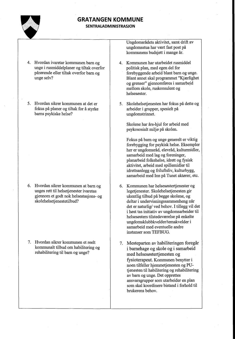 Hvordan sikrer kommunen at det er fokus på planer og tiltak for å styrke barns psykiske helse? Kommunen har utarbeidet rusmiddel politisk plan, med egen del for forebyggende arbeid blant barn og unge.