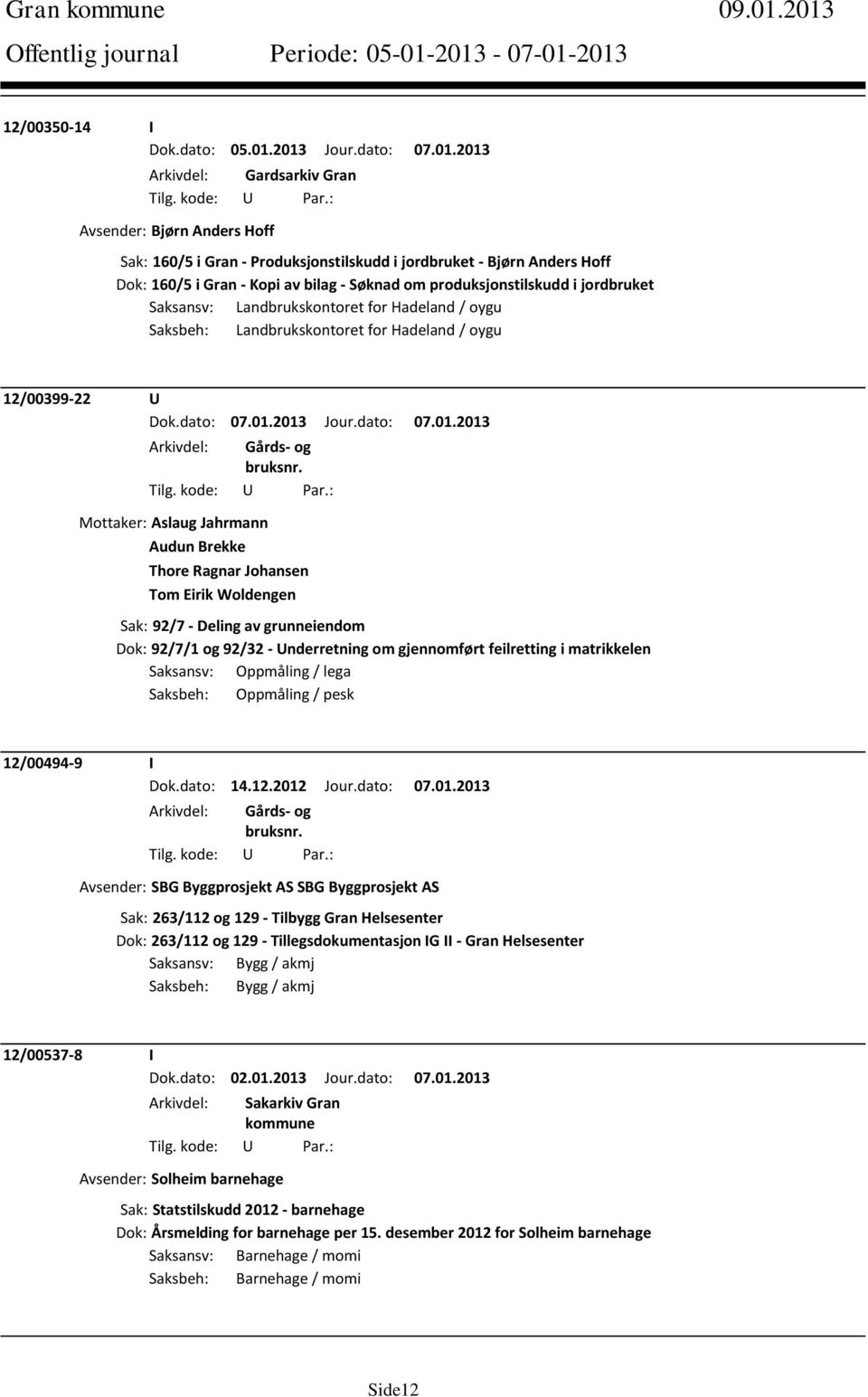 i Gran - Kopi av bilag - Søknad om produksjonstilskudd i jordbruket Saksansv: Landbrukskontoret for Hadeland / oygu Saksbeh: Landbrukskontoret for Hadeland / oygu 12/00399-22 U Mottaker: Aslaug