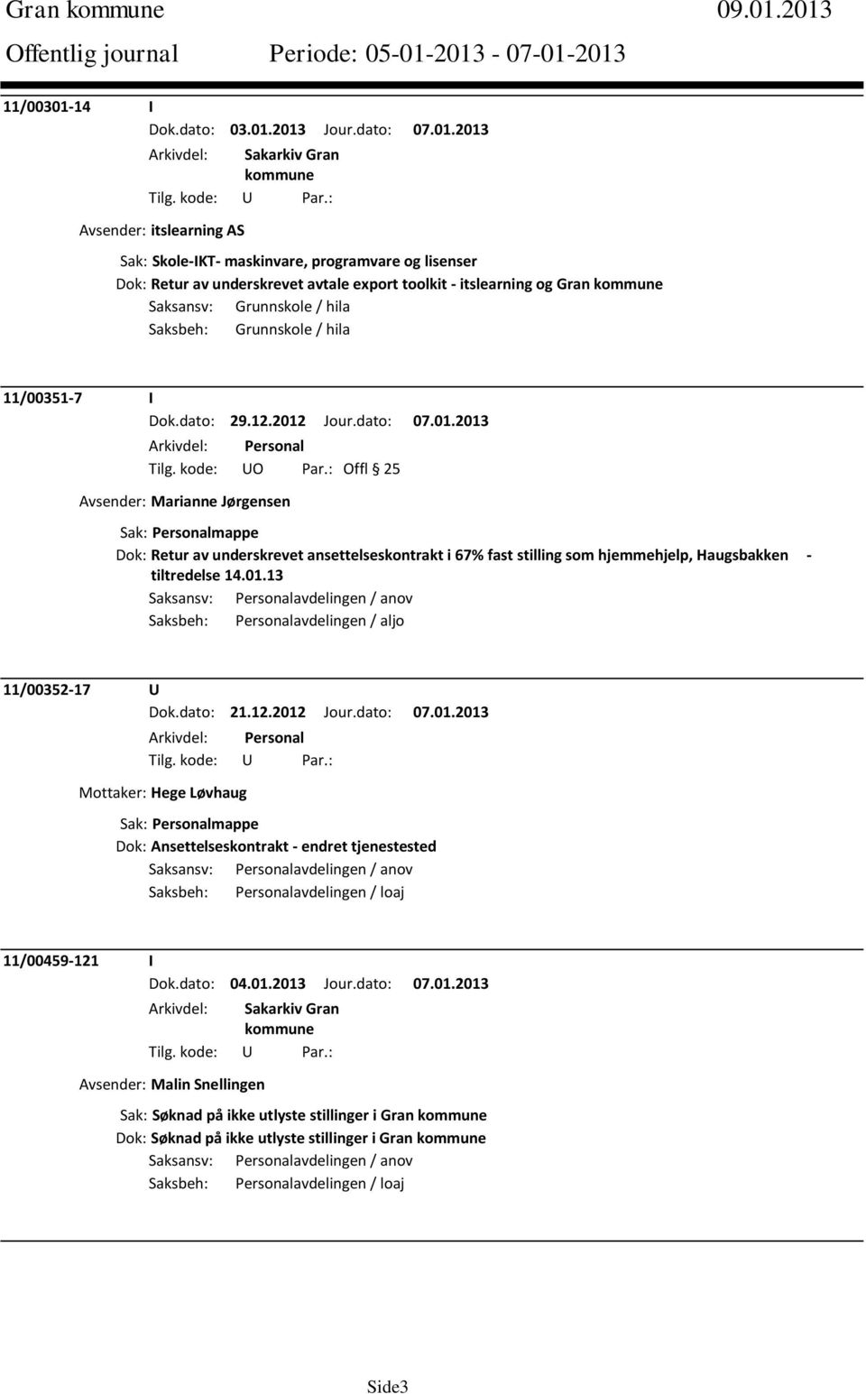 itslearning og Gran Saksansv: Grunnskole / hila Saksbeh: Grunnskole / hila 11/00351-7 I Dok.dato: 29.12.2012 Jour.dato: 07.01.2013 Tilg. kode: UO Par.