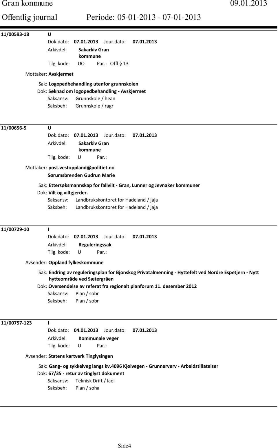 Mottaker: post.vestoppland@politiet.no Sørumsbrenden Gudrun Marie Sak: Ettersøksmannskap for fallvilt - Gran, Lunner og Jevnaker r Dok: Vilt og viltgjerder.