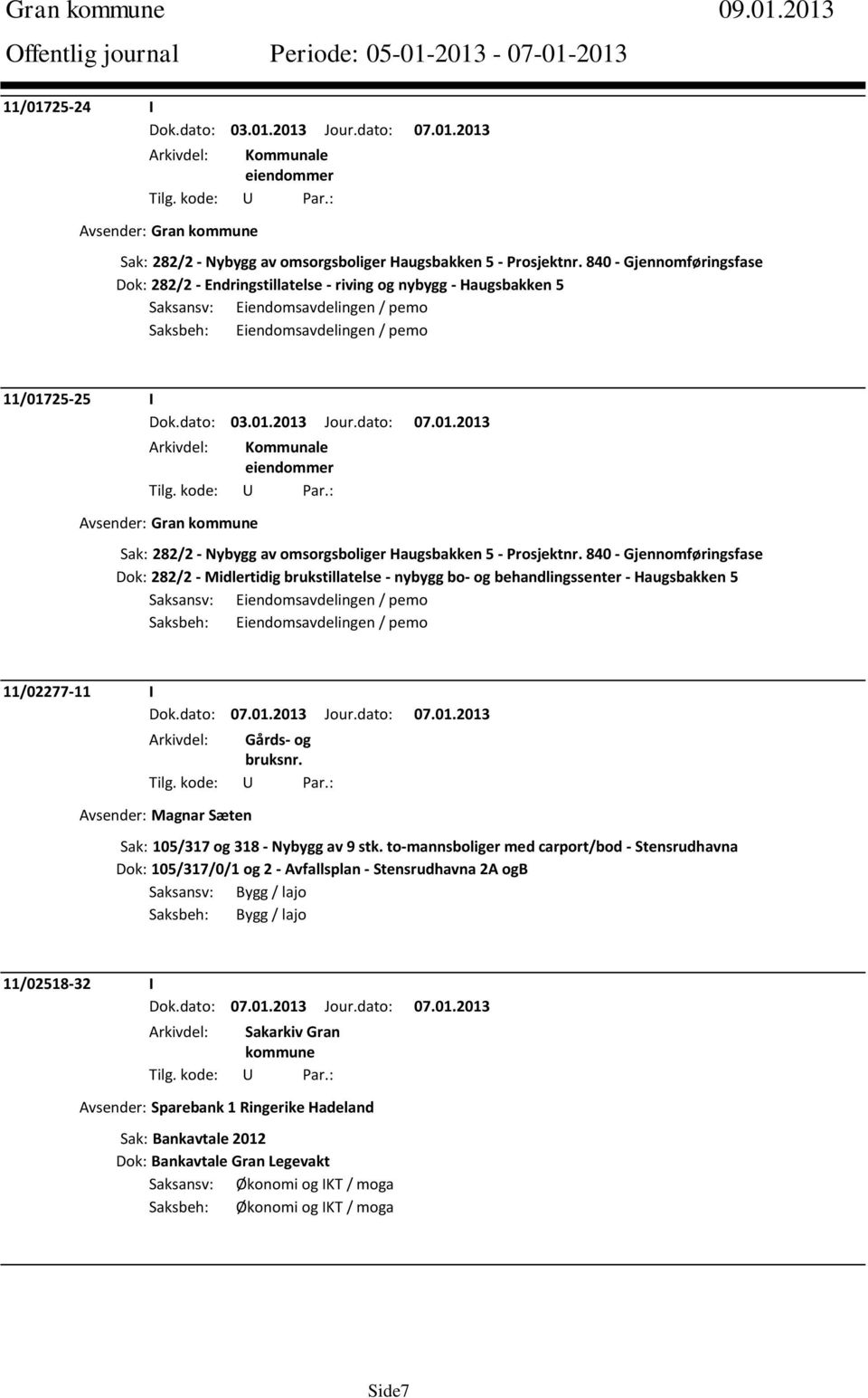 dato: 07.01.2013 Arkivdel: Kommunale eiendommer Avsender: Gran Sak: 282/2 - Nybygg av omsorgsboliger Haugsbakken 5 - Prosjektnr.