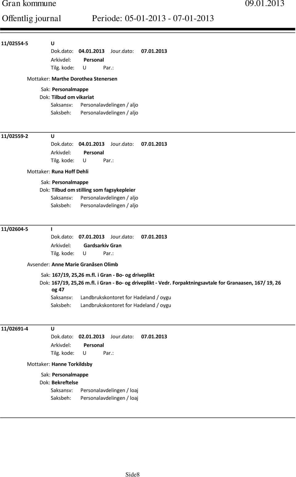 om stilling som fagsykepleier Saksansv: Personalavdelingen / aljo Saksbeh: Personalavdelingen / aljo 11/02604-5 I Arkivdel: Gardsarkiv Gran Avsender: Anne Marie Granåsen Olimb Sak: 167/19, 25,26 m.fl.