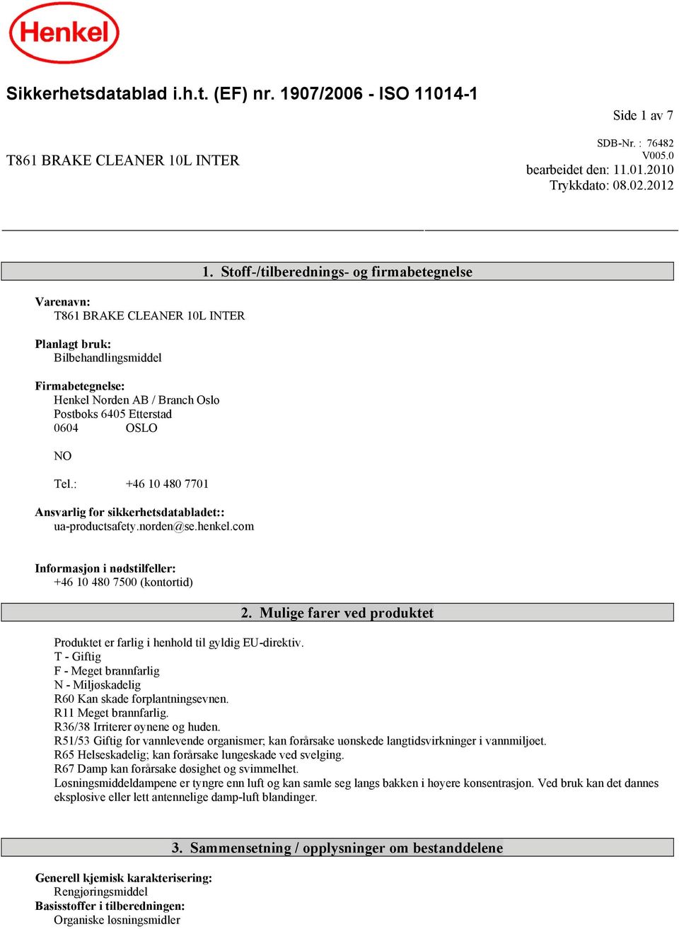 : +46 10 480 7701 Ansvarlig for sikkerhetsdatabladet:: ua-productsafety.norden@se.henkel.com 1. Stoff-/tilberednings- og firmabetegnelse Informasjon i nødstilfeller: +46 10 480 7500 (kontortid) 2.