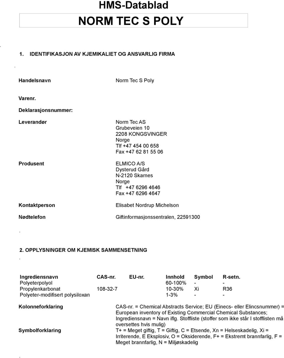 6296 4646 Fax +47 6296 4647 Elisabet Nordrup Michelson Nødtelefon Giftinformasjonssentralen, 22591300 2. OPPLYSNINGER OM KJEMISK SAMMENSETNING Ingrediensnavn CAS-nr. EU-nr. Innhold Symbol R-setn.