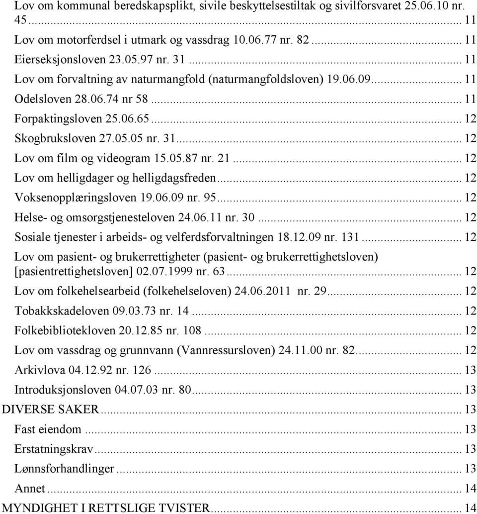 .. 12 Lov om film og videogram 15.05.87 nr. 21... 12 Lov om helligdager og helligdagsfreden... 12 Voksenopplæringsloven 19.06.09 nr. 95... 12 Helse- og omsorgstjenesteloven 24.06.11 nr. 30.