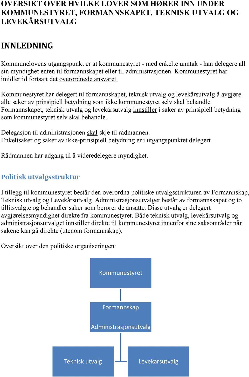 Kommunestyret har delegert til formannskapet, teknisk utvalg og levekårsutvalg å avgjøre alle saker av prinsipiell betydning som ikke kommunestyret selv skal behandle.