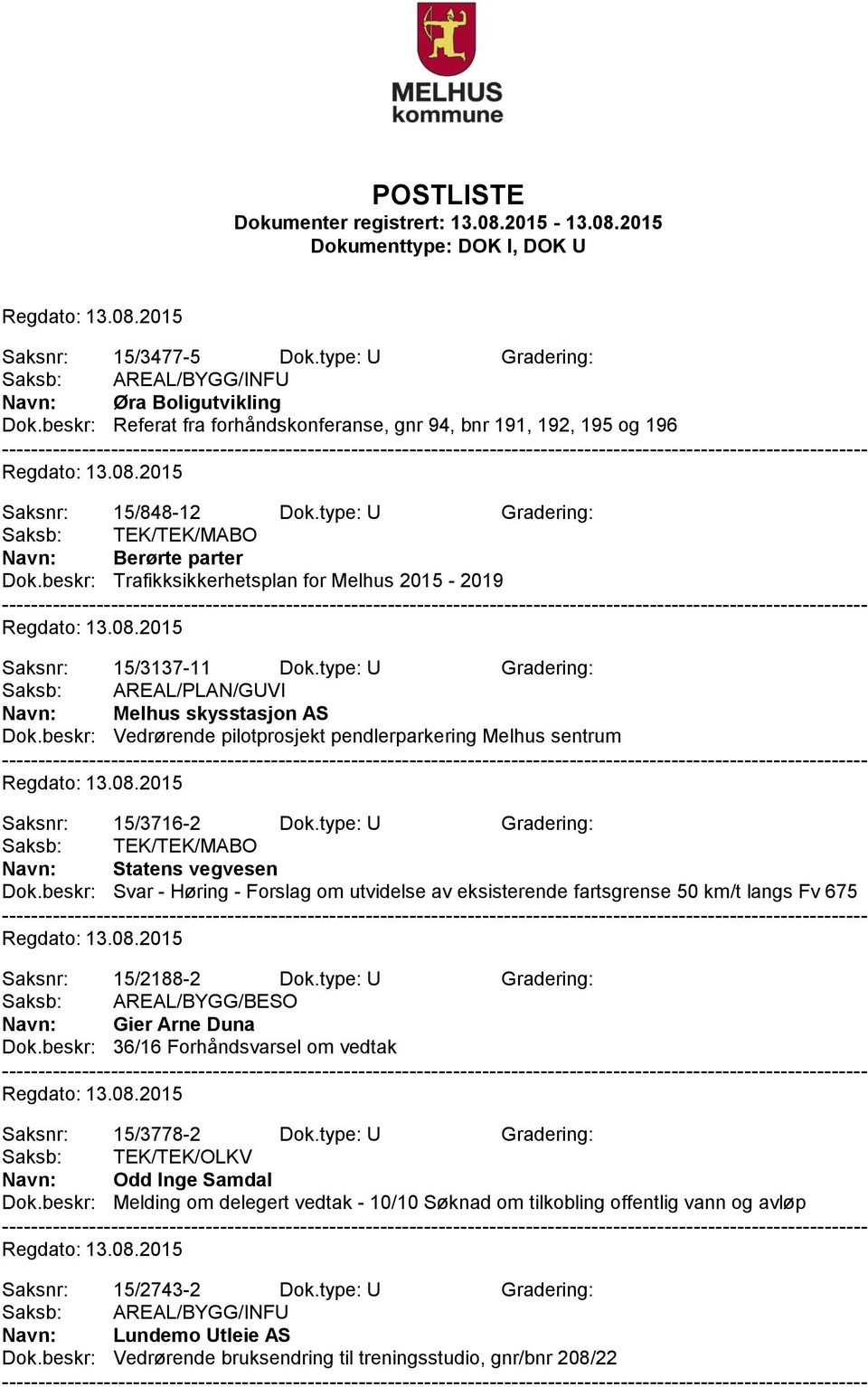 type: U Gradering: Saksb: AREAL/PLAN/GUVI Navn: Melhus skysstasjon AS Dok.beskr: Vedrørende pilotprosjekt pendlerparkering Melhus sentrum Saksnr: 15/3716-2 Dok.
