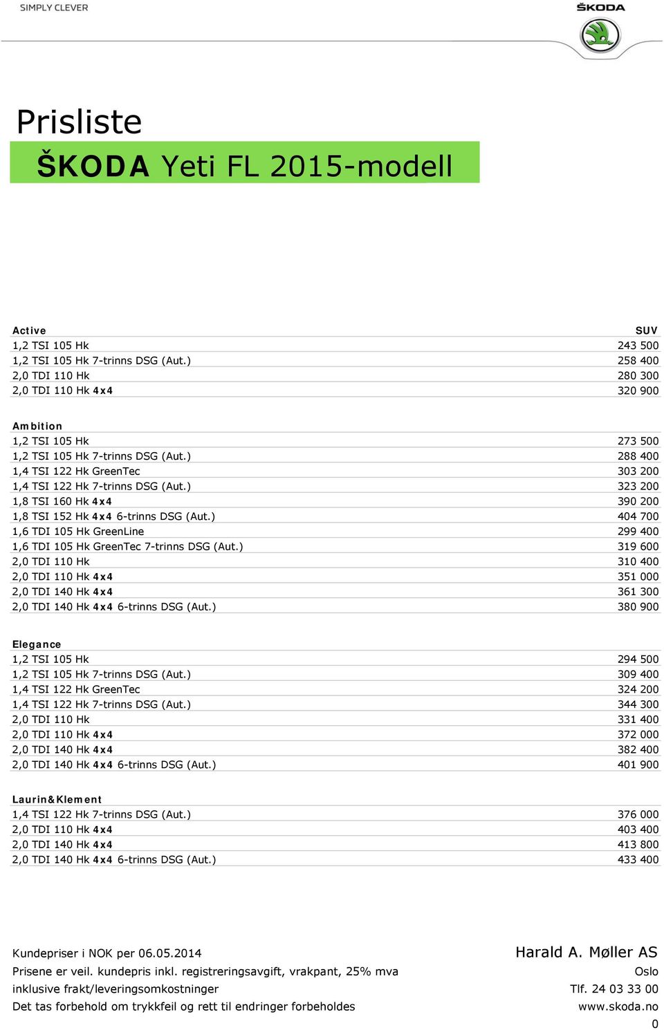 ) 323 200 1,8 TSI 160 Hk 4x4 390 200 1,8 TSI 152 Hk 4x4 6-trinns DSG (Aut.) 404 700 1,6 TDI 105 Hk GreenLine 299 400 1,6 TDI 105 Hk GreenTec 7-trinns DSG (Aut.