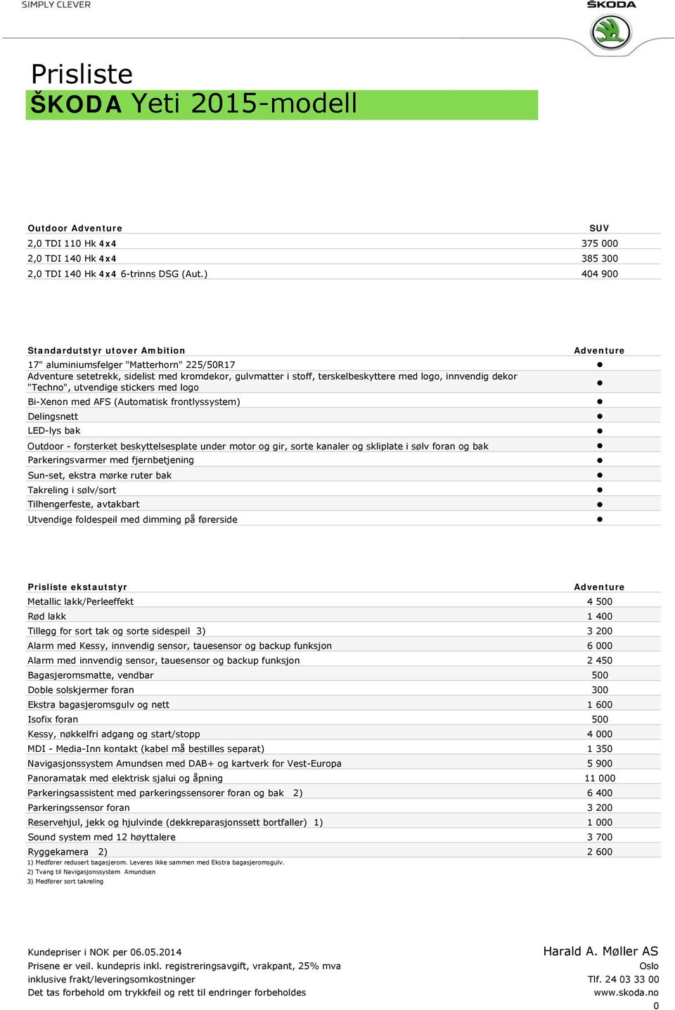 dekor "Techno", utvendige stickers med logo Bi-Xenon med AFS (Automatisk frontlyssystem) Delingsnett LED-lys bak Outdoor - forsterket beskyttelsesplate under motor og gir, sorte kanaler og skliplate