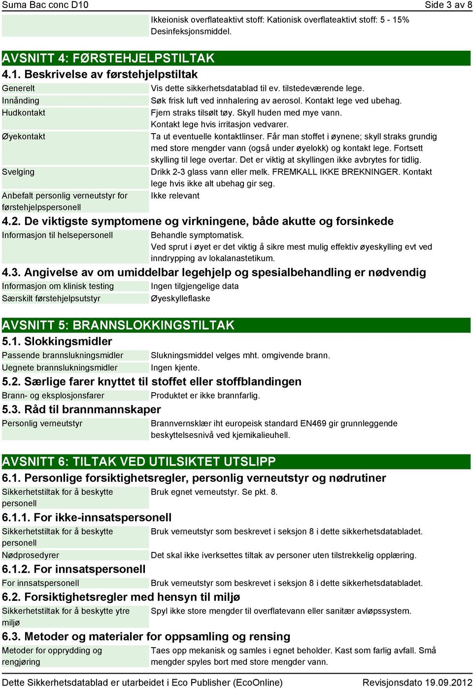 Hudkontakt Øyekontakt Svelging Anbefalt personlig verneutstyr for førstehjelpspersonell Fjern straks tilsølt tøy. Skyll huden med mye vann. Kontakt lege hvis irritasjon vedvarer.