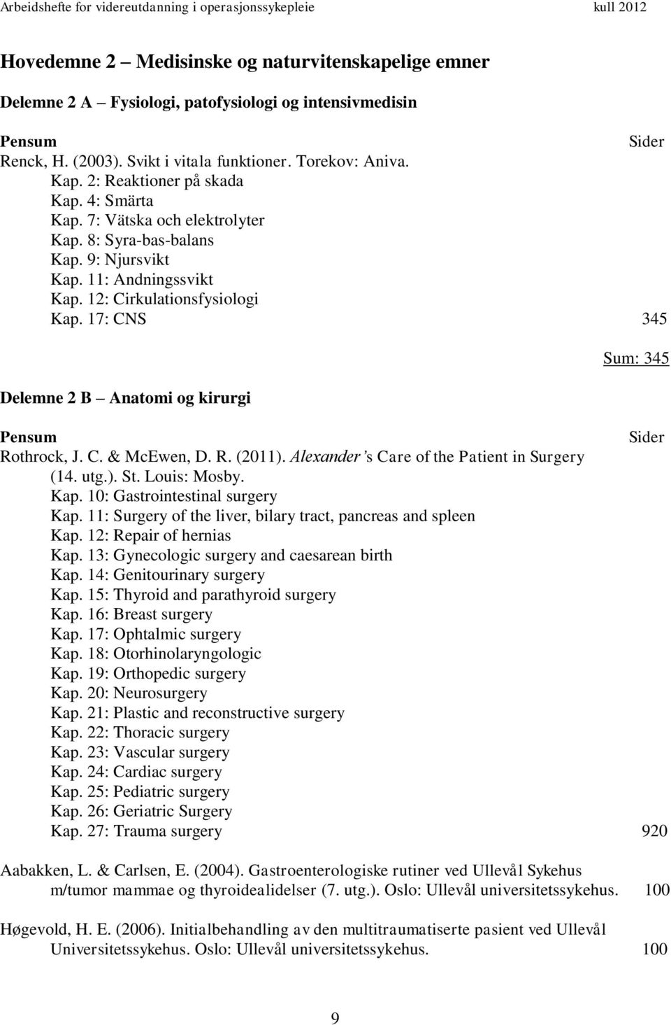 17: CNS 345 Delemne 2 B Anatomi og kirurgi Sum: 345 Pensum Sider Rothrock, J. C. & McEwen, D. R. (2011). Alexander s Care of the Patient in Surgery (14. utg.). St. Louis: Mosby. Kap.