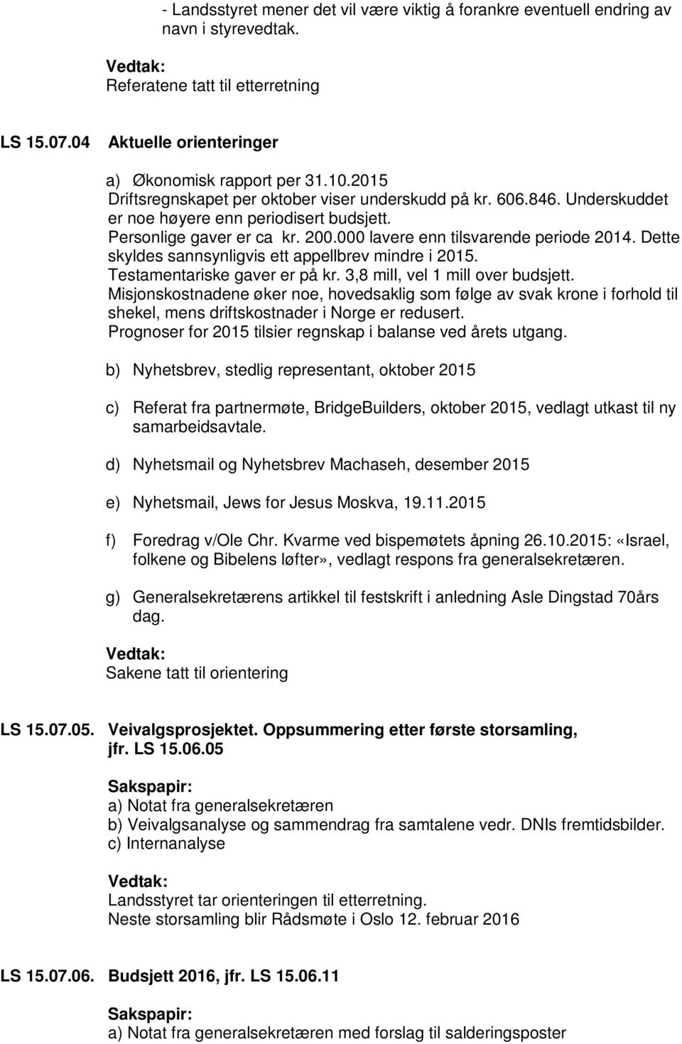 Dette skyldes sannsynligvis ett appellbrev mindre i 2015. Testamentariske gaver er på kr. 3,8 mill, vel 1 mill over budsjett.