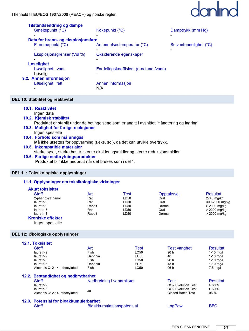 Annen informasjon Løselighet i fett Annen informasjon N/A DEL 10: Stabilitet og reaktivitet 10.1. Reaktivitet 10.2.