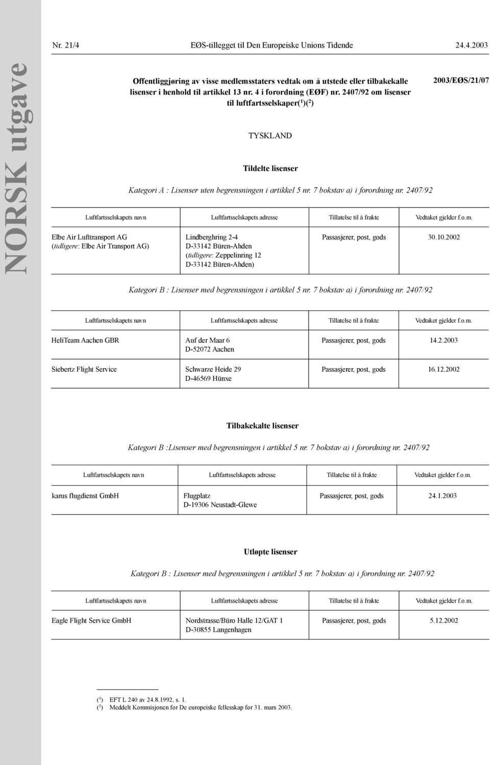 2407/92 om lisenser til luftfartsselskaper( 1 )( 2 ) TYSKLAND Tildelte lisenser Elbe Air Lufttransport AG (tidligere: Elbe Air Transport AG) Lindberghring 2-4 D-33142 Büren-Ahden (tidligere: