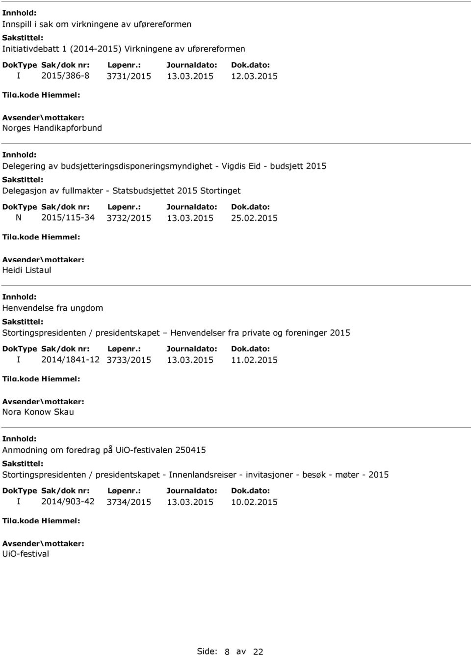 2015 Henvendelse fra ungdom Stortingspresidenten / presidentskapet Henvendelser fra private og foreninger 2015 2014/1841-12 3733/2015 11.02.