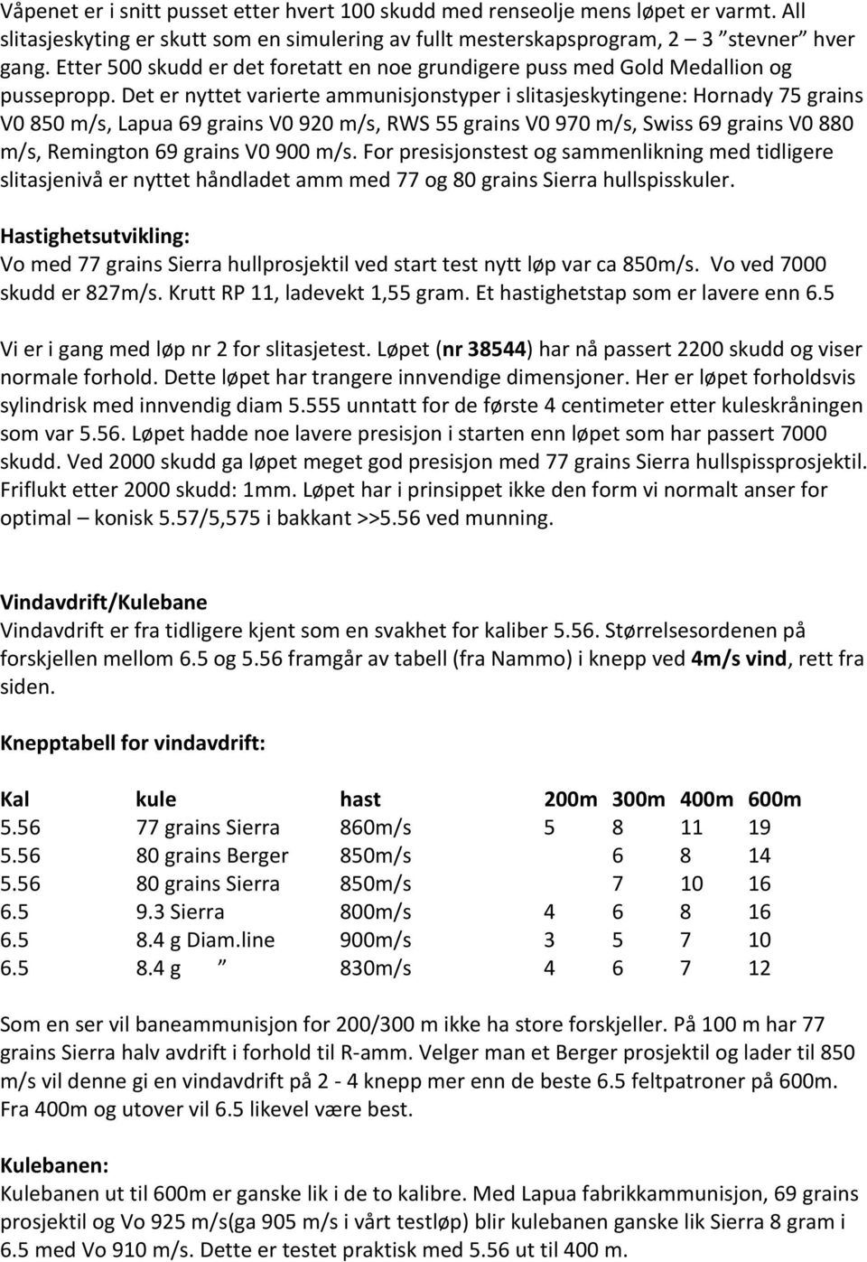 Det er nyttet varierte ammunisjonstyper i slitasjeskytingene: Hornady 75 grains V0 850 m/s, Lapua 69 grains V0 920 m/s, RWS 55 grains V0 970 m/s, Swiss 69 grains V0 880 m/s, Remington 69 grains V0