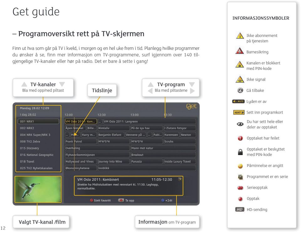 INFORMASJONSSYMBOLER Ikke abonnement på tjenesten Barnesikring Kanalen er blokkert med PIN-kode TV-kanaler Bla med opp/ned piltast Tidslinje TV-program Bla med piltastene Ikke signal Gå