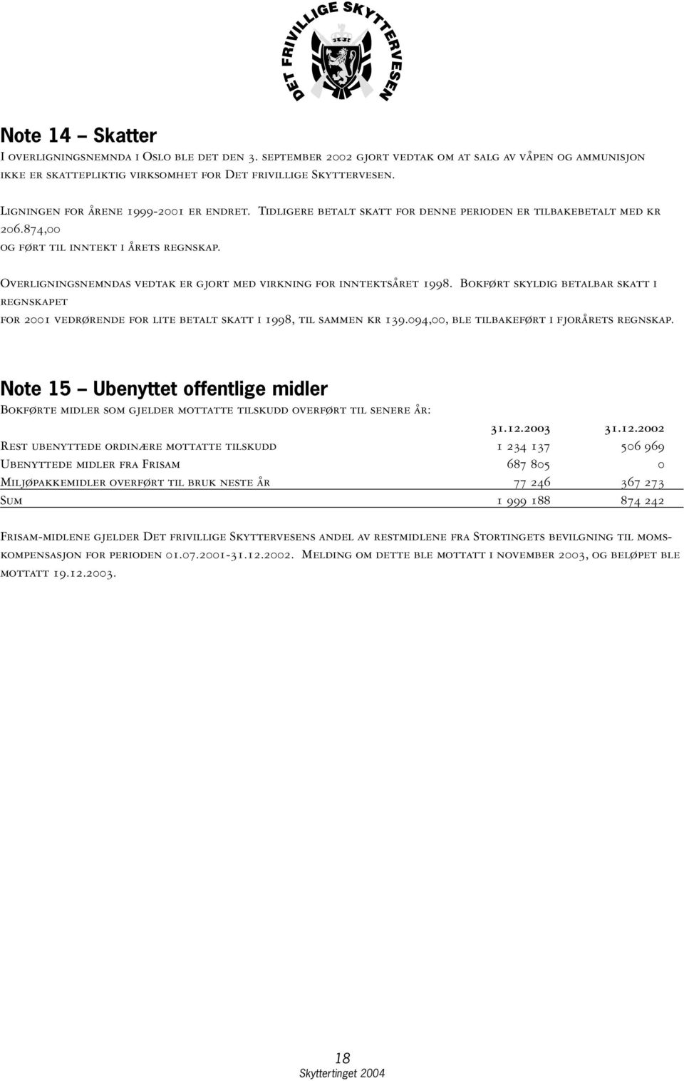 Overligningsnemndas vedtak er gjort med virkning for inntektsåret 1998. Bokført skyldig betalbar skatt i regnskapet for 2001 vedrørende for lite betalt skatt i 1998, til sammen kr 139.