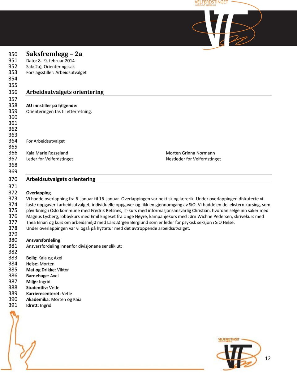 For Arbeidsutvalget Kaia Marie Rosseland Morten Grinna Normann Leder for Velferdstinget Nestleder for Velferdstinget Arbeidsutvalgets orientering Overlapping Vi hadde overlapping fra 6. januar til 16.