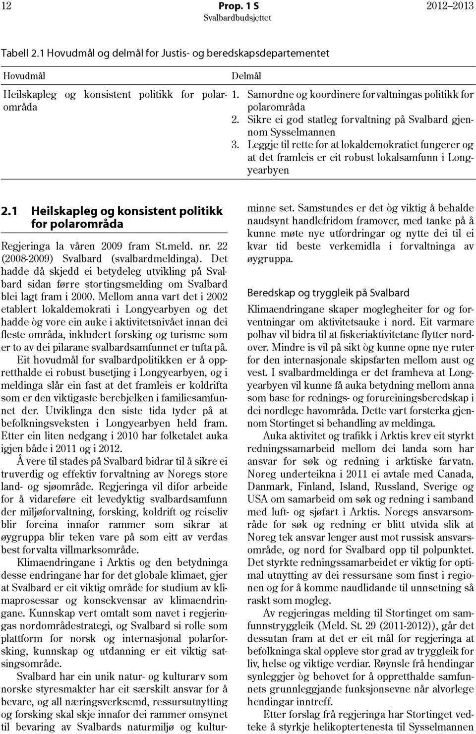 Leggje til rette for at lokaldemokratiet fungerer og at det framleis er eit robust lokalsamfunn i Longyearbyen 2.1 Heilskapleg og konsistent politikk for polarområda Regjeringa la våren 2009 fram St.