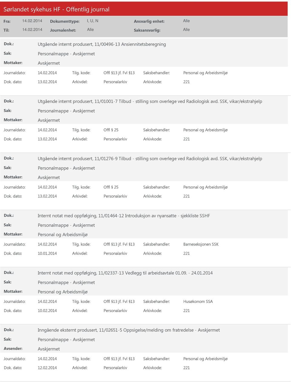 2014 Arkivdel: Personalarkiv Arkivkode: 221 Utgående internt produsert, 11/01276-9 Tilbud - stilling som overlege ved Radiologisk avd. SSK, vikar/ekstrahjelp Dok. dato: 13.02.