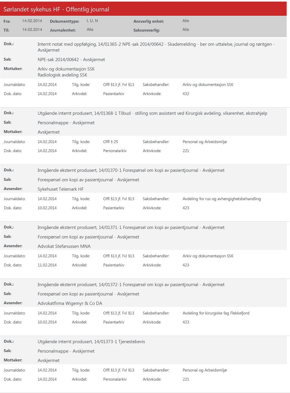 dato: Arkivdel: Personalarkiv Arkivkode: 221 Inngående eksternt produsert, 14/01370-1 Forespørsel om kopi av pasientjournal - Forespørsel om kopi av pasientjournal - Sykehuset Telemark HF Avdeling