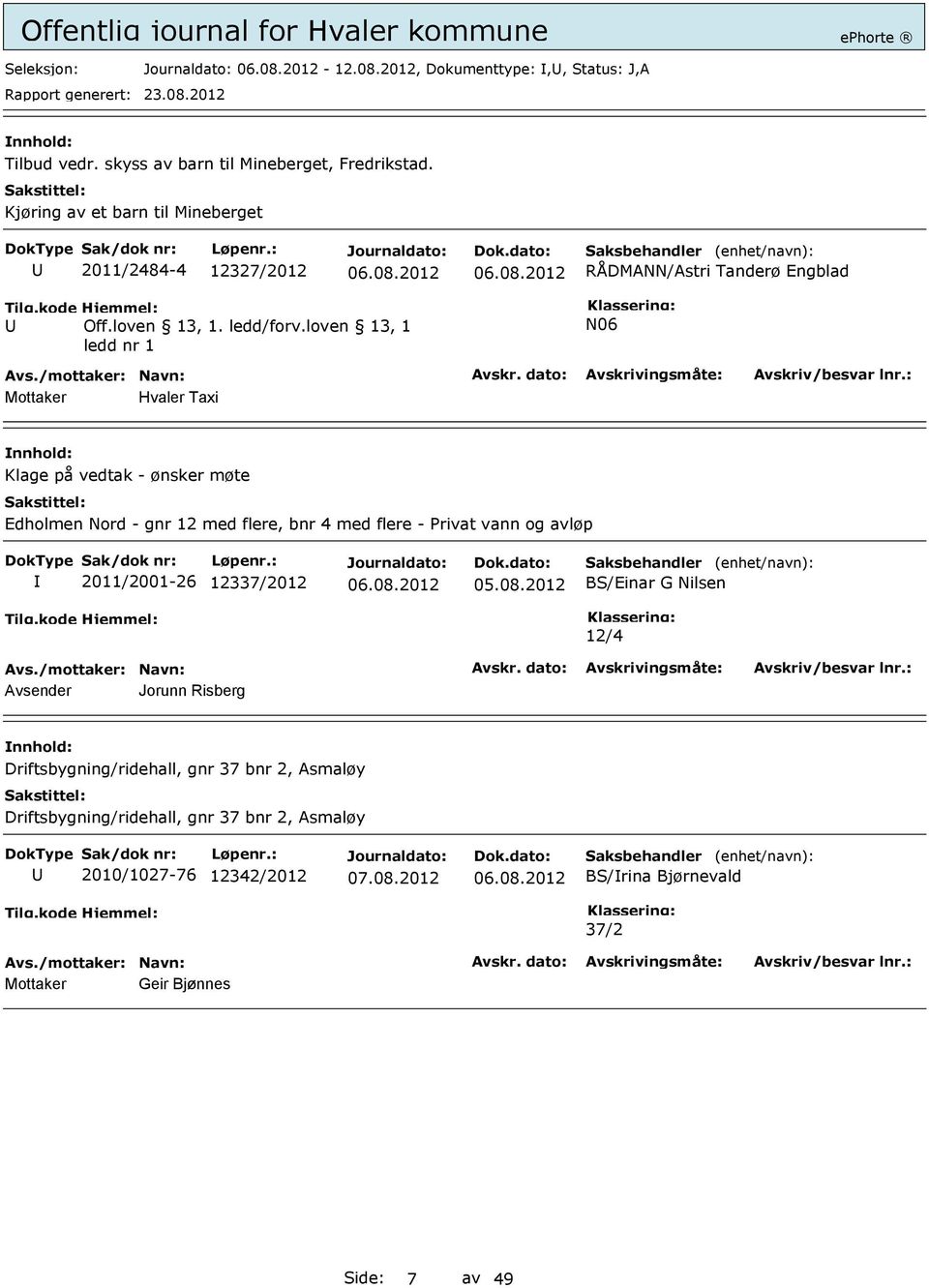 loven 13, 1 ledd nr 1 N06 Mottaker Hvaler Taxi Klage på vedtak - ønsker møte Edholmen Nord - gnr 12 med flere, bnr 4 med flere - Privat vann og avløp