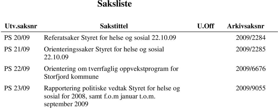 09 2009/2284 PS 21/09 PS 22/09 PS 23/09 Orienteringssaker Styret for helse og sosial 22.10.