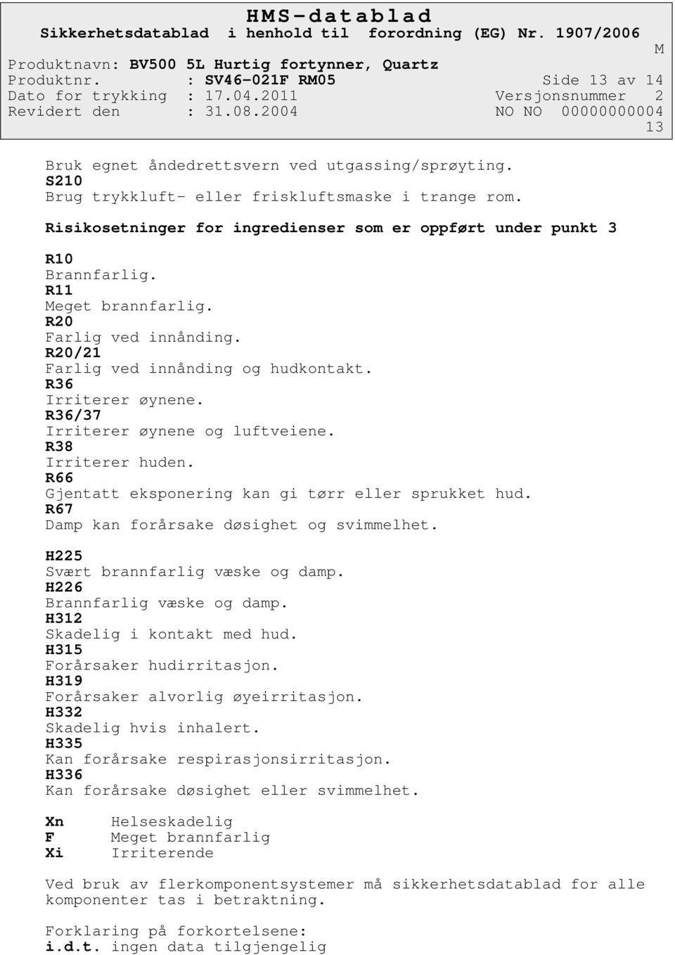 R36/37 Irriterer øynene og luftveiene. R38 Irriterer huden. R66 Gjentatt eksponering kan gi tørr eller sprukket hud. R67 Damp kan forårsake døsighet og svimmelhet.