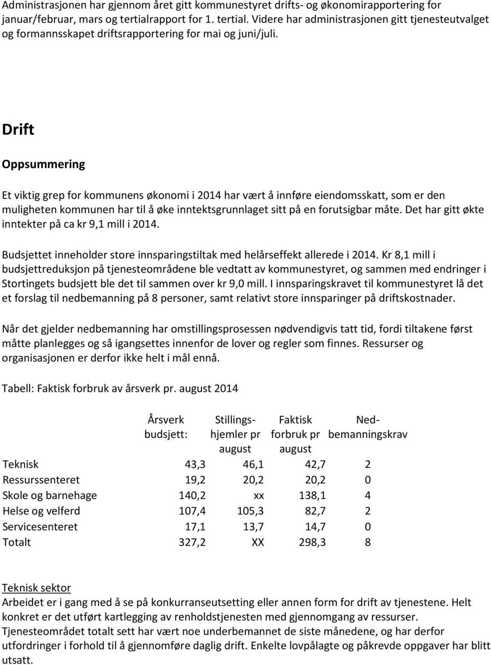 Drift Oppsummering Et viktig grep for kommunens økonomi i 2014 har vært å innføre eiendomsskatt, som er den muligheten kommunen har til å øke inntektsgrunnlaget sitt på en forutsigbar måte.