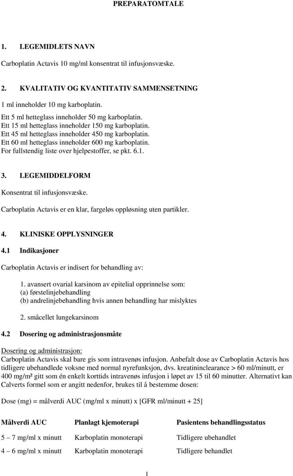 Ett 60 ml hetteglass inneholder 600 mg karboplatin. For fullstendig liste over hjelpestoffer, se pkt. 6.1. 3. LEGEMIDDELFORM Konsentrat til infusjonsvæske.