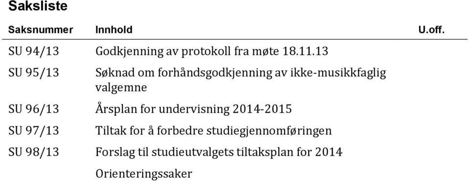 96/13 Årsplan for undervisning 2014-2015 SU 97/13 Tiltak for å forbedre