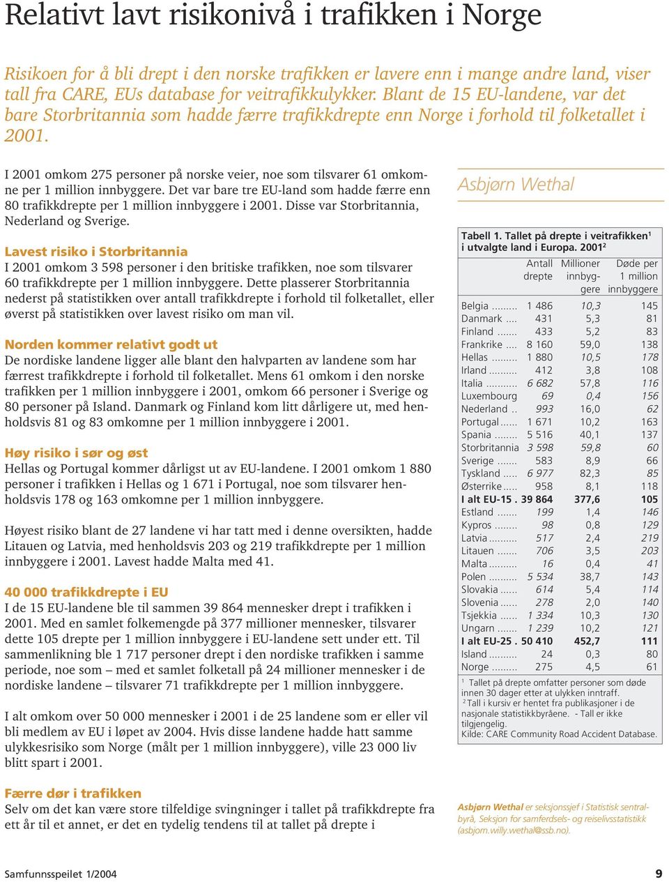 I 2001 omkom 275 personer på norske veier, noe som tilsvarer 61 omkomne per 1 million innbyggere. Det var bare tre EU-land som hadde færre enn 80 trafikkdrepte per 1 million innbyggere i 2001.