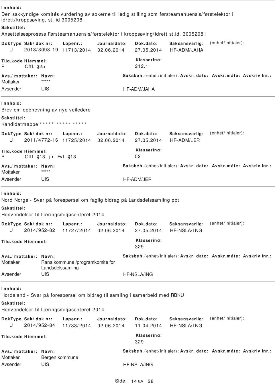 måte: Avskriv lnr.: HF-ADM/JAHA Brev om oppnevning av nye veiledere Kandidatmappe ***** ***** ***** 2011/4772-16 11725/2014 27.05.2014 HF-ADM/JER Avs./mottaker: Navn: aksbeh. Avskr. dato: Avskr.