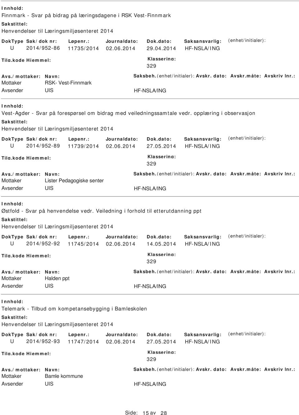 opplæring i observasjon Henvendelser til Læringsmiljøsenteret 2014 2014/9-89 11739/2014 27.05.2014 HF-NLA/NG 329 Avs./mottaker: Navn: aksbeh. Avskr. dato: Avskr.måte: Avskriv lnr.