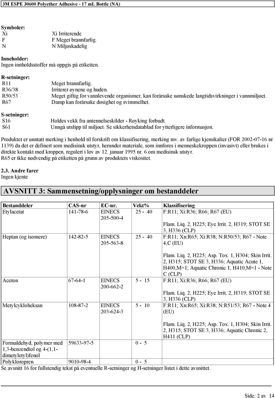 S-setninger: S16 S61 Holdes vekk fra antennelseskilder - Røyking forbudt. Unngå utslipp til miljøet. Se sikkerhetsdatablad for ytterligere informasjon.