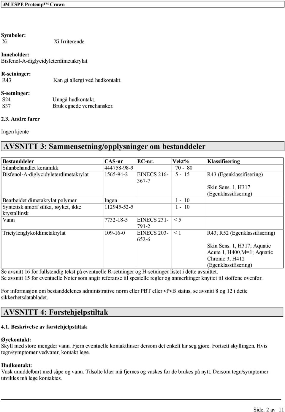 Vekt% Klassifisering Silanbehandlet keramikk 444758-98-9 70-80 Bisfenol-A-diglycidyleterdimetakrylat 1565-94-2 EINECS 216-367-7 5-15 R43 (Egen) Skin Sens.