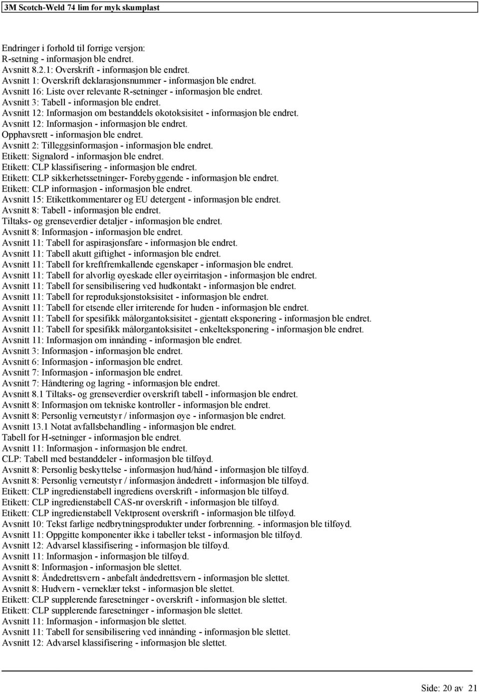 Avsnitt 12: Informasjon - informasjon ble endret. Opphavsrett - informasjon ble endret. Avsnitt 2: Tilleggsinformasjon - informasjon ble endret. Etikett: Signalord - informasjon ble endret.