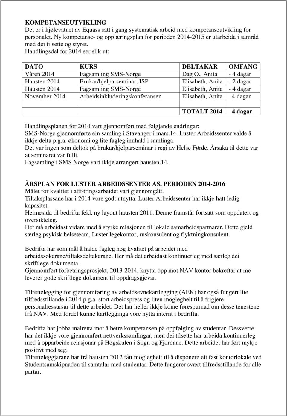 Handlingsdel for 2014 ser slik ut: DATO KURS DELTAKAR OMFANG Våren 2014 Fagsamling SMS-Norge Dag O.