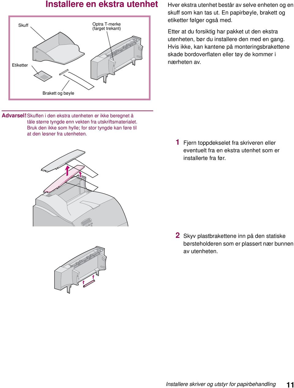 Brakett og bøyle Advarsel! Skuffen i den ekstra utenheten er ikke beregnet å tåle større tyngde enn vekten fra utskriftsmaterialet.