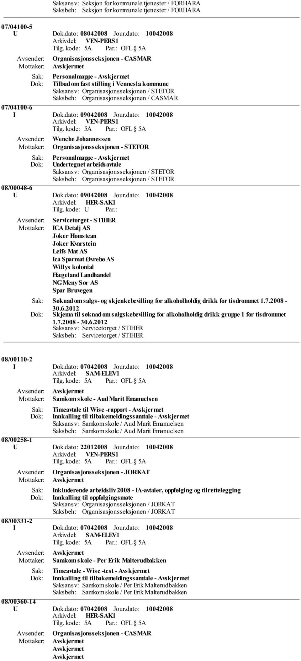 dato: Wenche Johannessen Organisasjonsseksjonen - STETOR Personalmappe - Undertegnet arbeidsavtale Saksansv: Organisasjonsseksjonen / STETOR Saksbeh: Organisasjonsseksjonen / STETOR 08/00048-6 U Dok.