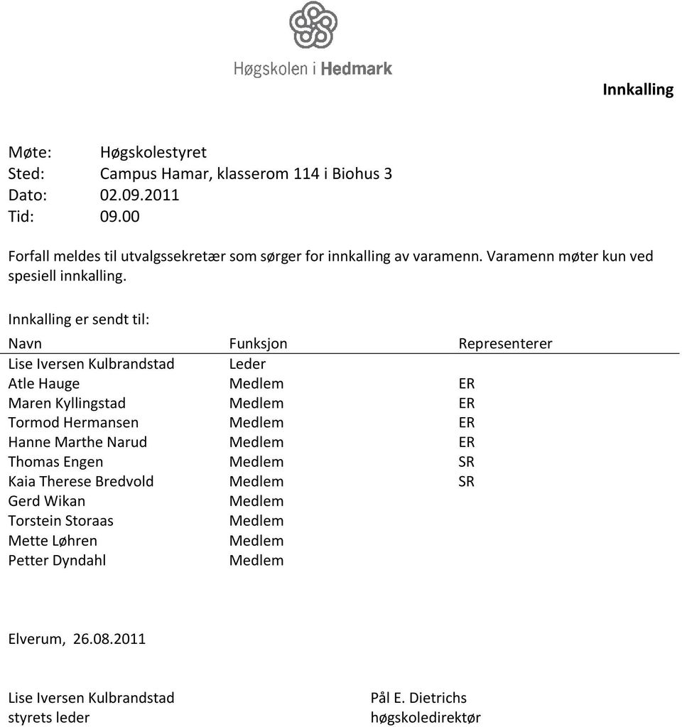 Innkalling er sendt til: Navn Funksjon Representerer Lise Iversen Kulbrandstad Leder Atle Hauge Medlem ER Maren Kyllingstad Medlem ER Tormod Hermansen Medlem ER