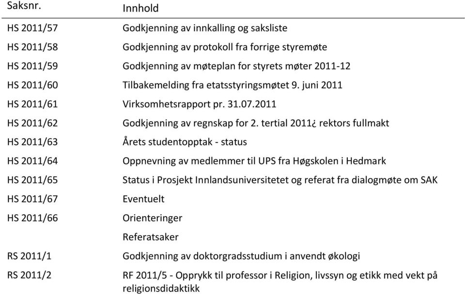 Tilbakemelding fra etatsstyringsmøtet 9. juni 2011 HS 2011/61 Virksomhetsrapport pr. 31.07.