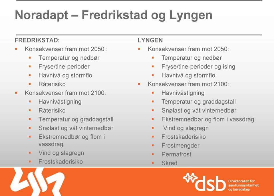 slagregn Frostskaderisiko LYNGEN Konsekvenser fram mot 2050: Temperatur og nedbør Fryse/tine-perioder og ising Havnivå og stormflo Konsekvenser fram mot