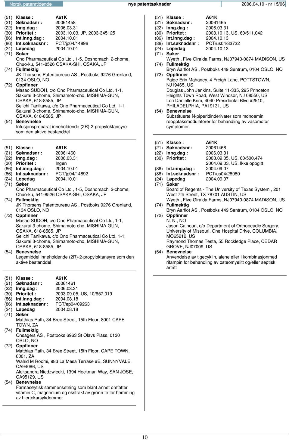 01 Ono Pharmaceutical Co Ltd, 1-5, Doshomachi 2-chome, Chuo-ku, 541-8526 OSAKA-SHI, OSAKA, JP JK Thorsens Patentbureau AS, Postboks 9276 Grønland, 0134 Masao SUDOH, c/o Ono Pharmaceutical Co Ltd,