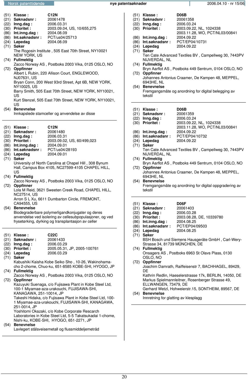 09 The Rogosin Institute, 505 East 70th Street, NY10021 NEW YORK, US Zacco Norway AS, Postboks 2003 Vika, 0125 Albert L Rubin, 220 Allison Court, ENGLEWOOD, NJ07631, US Bryan Conn, 200 West 93rd